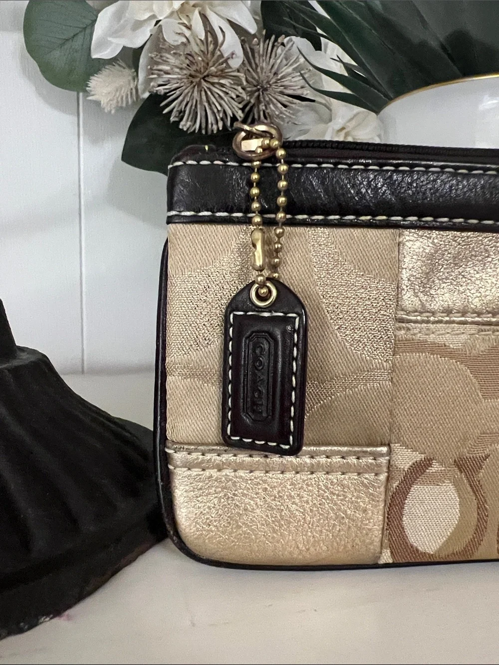 Coach Gold and Tan Patchwork Signature Wristlet
